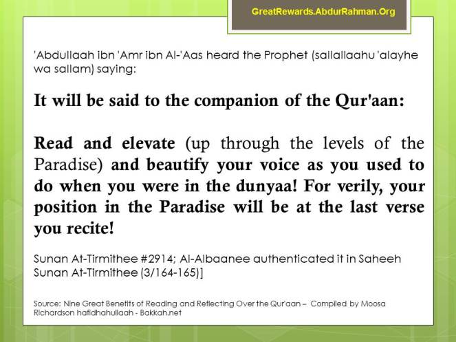Your position in Paradise is determined by the amount of Qur'aan you memorize
