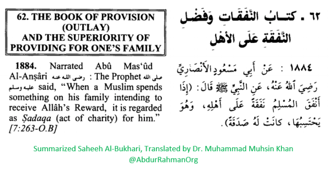 When a Muslim spends something on his family intending to receive Allah's Reward, it is regarded as Sadaqa for him [Bukhari]